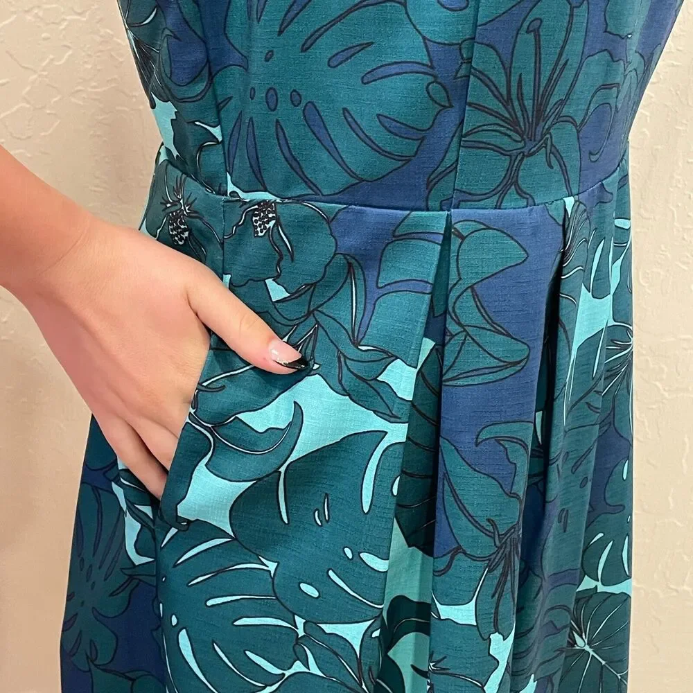 ~ Pink Martini Med Blue Green Tropical A-Line Sleeveless Lined Dress* - Pockets! - Picture 2 of 16